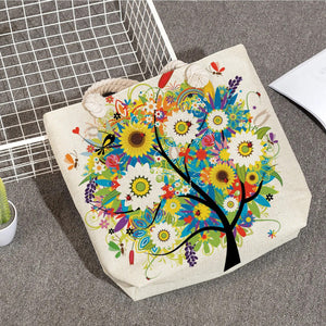 Flower Tree Printed Handbags For Women Causal Linen Beach Tote Bags Orchard Eco Reusable Shoulder Shopping Bags For Groceries