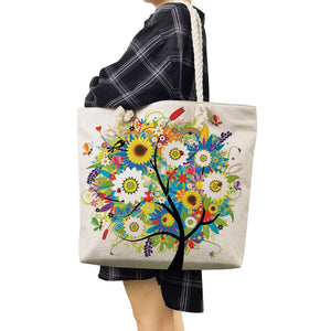 Flower Tree Printed Handbags For Women Causal Linen Beach Tote Bags Orchard Eco Reusable Shoulder Shopping Bags For Groceries