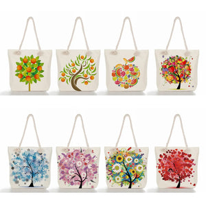 Flower Tree Printed Handbags For Women Causal Linen Beach Tote Bags Orchard Eco Reusable Shoulder Shopping Bags For Groceries