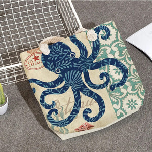 Marine Life Bag Handbags Linen Women Octopus Shoulder Bag Thick Rope Shopping Bag Summer High Capacity Travel Beach Tote Bag