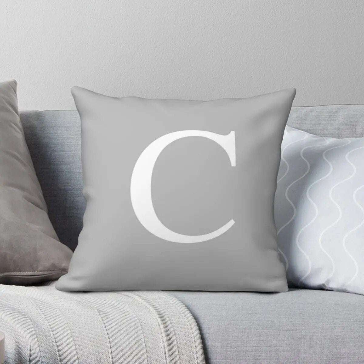 Silver Gray Basic Monogram C Square Pillowcase Polyester Linen Velvet Creative Zip Decor Home Cushion Cover