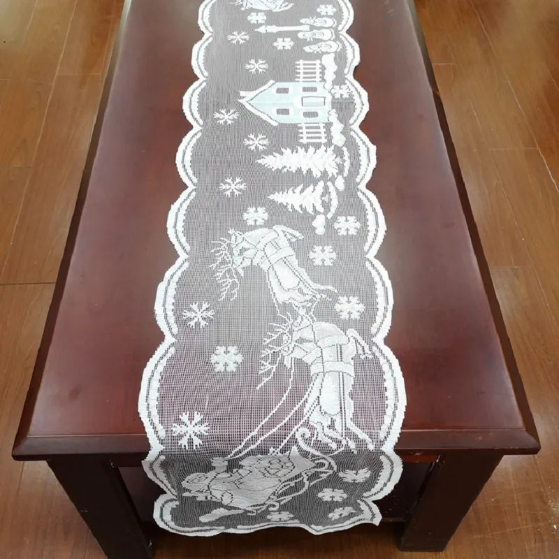 Christmas Tree Snowman Santa Table Runner White Lace Snowflake Table Cover For Home Tablecloth Birthday Wedding Xmas Party Decor