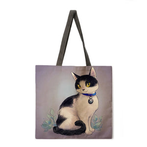 Reusable shopping bag I love cat print tote bag ladies shoulder bag linen fabric bag outdoor beach bag everyday handbag