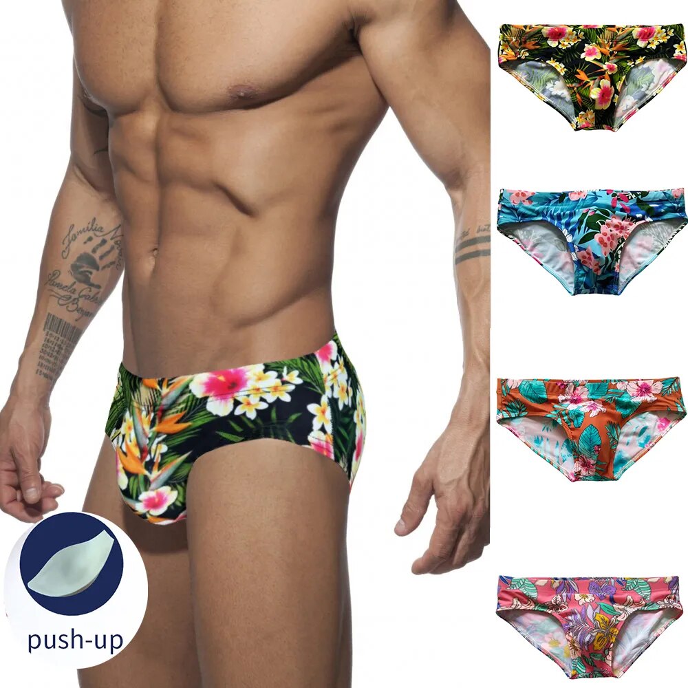 New Low Waist Swimwear Push Pad Swim Briefs Print Men Swimsuit Sexy Bathing Suit Quick Dry Summer Sport Beach Wear Surf Gay