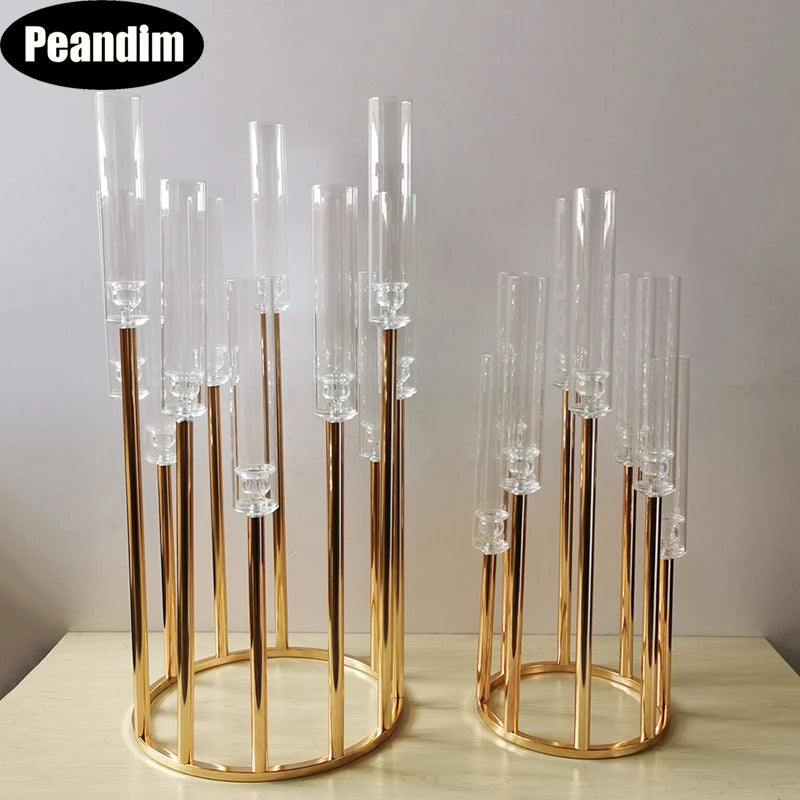 PEANDIM Gold Luxury Candelabra Candle Holders Flower Vases Wedding Table Centerpiece Pillar Stand Road Lead Candlesticks Decor