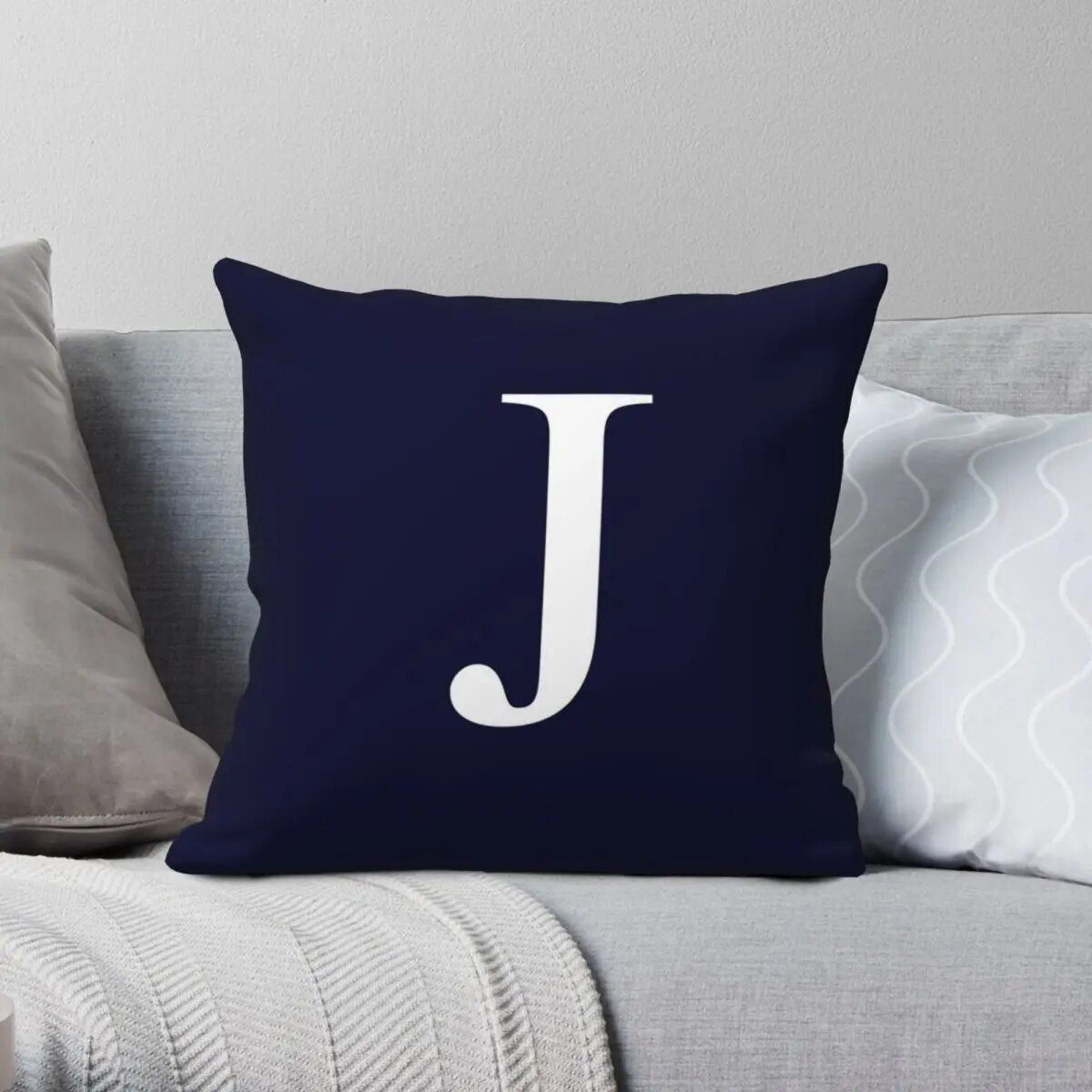 Navy Blue Basic Monogram J Square Pillowcase Polyester Linen Velvet Pattern Zip Decor Pillow Case Sofa Seater Cushion Cover 18"