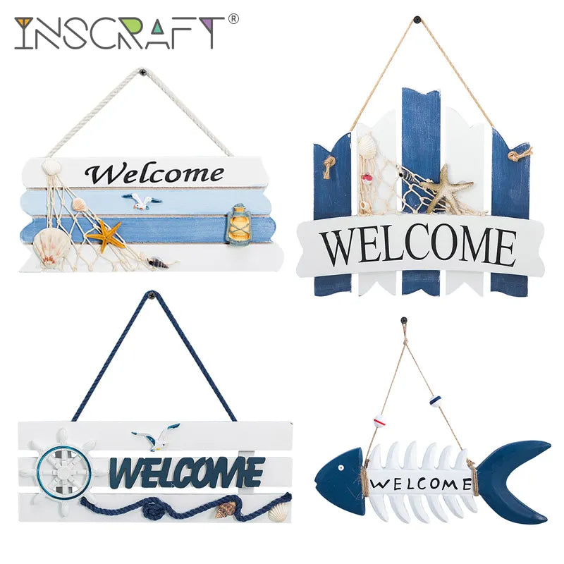 Welcome Wooden Beach Bar Sign Wall Hanging Coastal Wood Fish Ornament Bathroom WC Plaque Decoration for Home Office