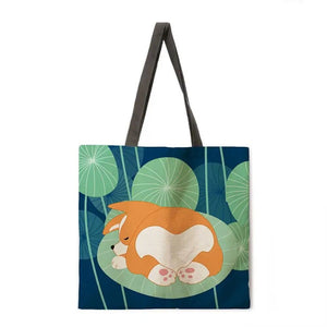 Forest Corgi Linen Tote Bag Beach Bag Ladies Shoulder Bag Foldable Shopping Bag Reusable Fashion Bag