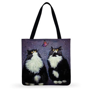 Foldable Shopping Bag Cute Kitten Painting Print Tote Bag Color Cat Casual Tote Ladies Shoulder Bag Outdoor Beach Tote Bag