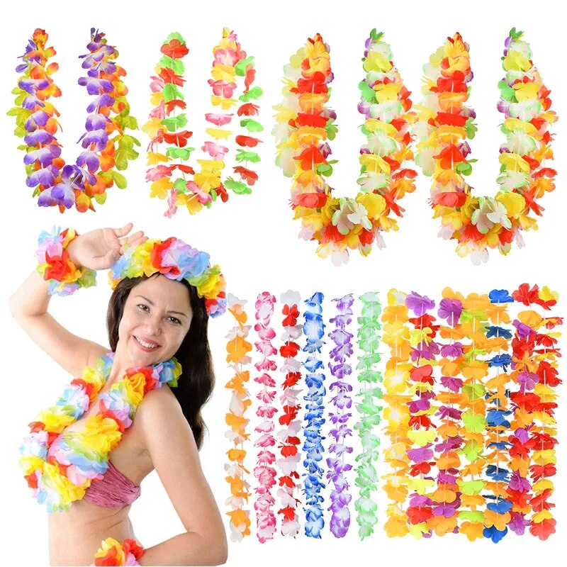 12pcs Hawaiian Party Artificial Flowers Beach Flower Silk Garland Necklace Hawaii Summer Wedding Birthday Tropical Party Decor