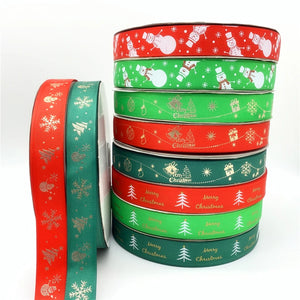 5Yards/Lot 25mm Grosgrain/Polyester Ribbon Bronzing Ribbon Printed Christmas Ribbon For Christmas Decoration DIY Sewing Fabric