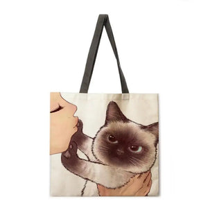 Kissing cat casual tote bag linen bag reusable shopping bag outdoor beach bag casual tote bag