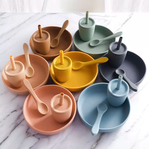 Food Grade Silicone Dining Appliance Feeding Soild Food Plates Sucker Dishes Sippy Cup Water Bottle Spoons Children's Tableware