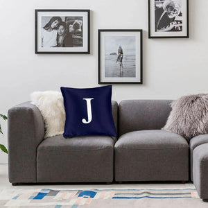 Navy Blue Basic Monogram J Square Pillowcase Polyester Linen Velvet Pattern Zip Decor Pillow Case Sofa Seater Cushion Cover 18"