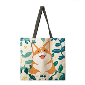 Forest Corgi Linen Tote Bag Beach Bag Ladies Shoulder Bag Foldable Shopping Bag Reusable Fashion Bag