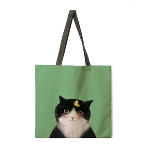 Reusable shopping bag I love cat print tote bag ladies shoulder bag linen fabric bag outdoor beach bag everyday handbag