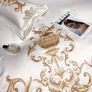 Luxury Gold Royal Embroidery Satin And Cotton Bedding Set Smooth Smooth Double Duvet Cover Set Comforter Cover And Pillowcases