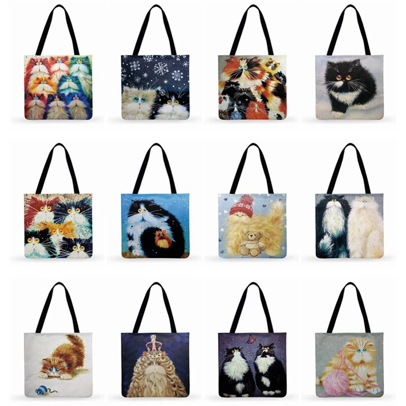 Foldable Shopping Bag Cute Kitten Painting Print Tote Bag Color Cat Casual Tote Ladies Shoulder Bag Outdoor Beach Tote Bag