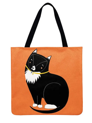 Girls And Cat Cartoon Illustrations Printed Tote Bag Linen Febric Casual Tote Foldable Shopping Bag Reusable Beach Bag Hand Bag