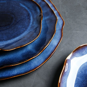 Deep Blue Ceramic Plates Irregular Flat Plate Pottery Dish Household Decoration Tableware Dinnerware Tray Hotel Kitchen Supplies