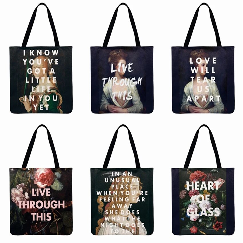 European Classical Oil Painting Printing Tote Bag Linen Febric Casual Tote Shoulder Bag Women Beach Bags Foldable Shopping Bag