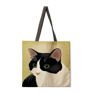 Reusable shopping bag I love cat print tote bag ladies shoulder bag linen fabric bag outdoor beach bag everyday handbag