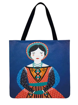 Girls And Cat Cartoon Illustrations Printed Tote Bag Linen Febric Casual Tote Foldable Shopping Bag Reusable Beach Bag Hand Bag