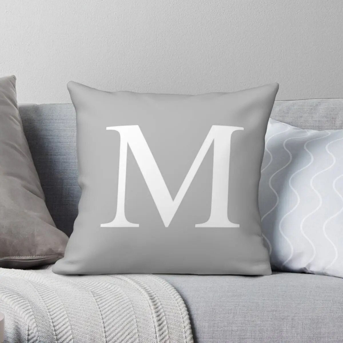 Silver Gray Basic Monogram M Square Pillowcase Polyester Linen Velvet Zip Decor Throw Pillow Case Home Cushion Cover