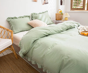 Green Bedding Sage Green Ruffle Duvet Cover Set Solid Ruffled Fringe Design Sage Green Comforter Cover Set