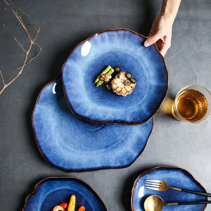 Deep Blue Ceramic Plates Irregular Flat Plate Pottery Dish Household Decoration Tableware Dinnerware Tray Hotel Kitchen Supplies