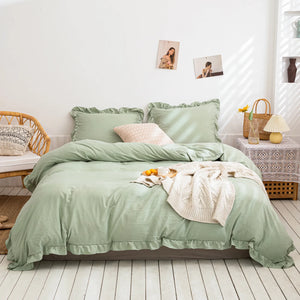 Green Bedding Sage Green Ruffle Duvet Cover Set Solid Ruffled Fringe Design Sage Green Comforter Cover Set