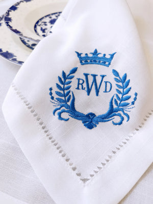 RD21018 Customized Hemstitched Classic Elegant Crown 3 Letters Monogram Embroidery Quality, Linen Napkin, Table Decor Wedding