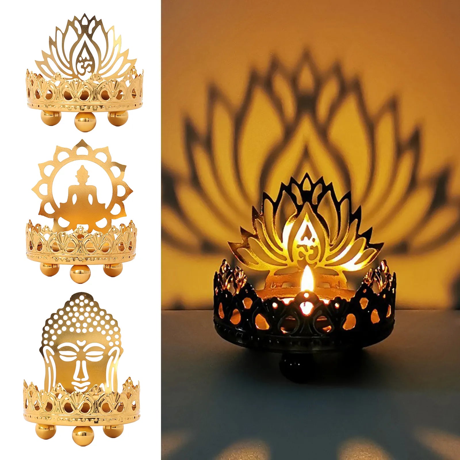 Retro Hollow Carved Tealight Candle Holder Buddha Ghee Lamp Holder Light Desktop Decoration Ornaments Buddhist Supplies Gift