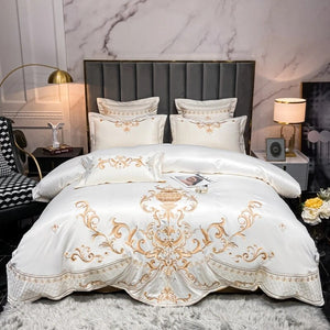 Luxury Gold Royal Embroidery Satin And Cotton Bedding Set Smooth Smooth Double Duvet Cover Set Comforter Cover And Pillowcases