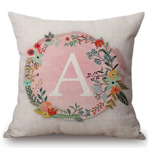 Pink Flower Wreath Alphabet ABC Floral Cotton Linen Sofa Throw Pillow Case Nordic Scandinavian Home Decorative Cushion Cover