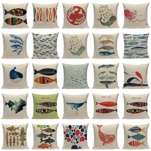 High Quality Colorful Sea Animal Fish Pattern Linen Cushion Cover Pillowcase Chair Throw Pillow Cover Custom Pillow Case 45 * 45