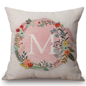 Pink Flower Wreath Alphabet ABC Floral Cotton Linen Sofa Throw Pillow Case Nordic Scandinavian Home Decorative Cushion Cover