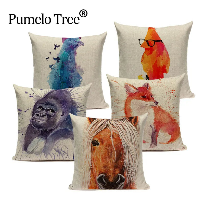 Pillow Cover  Watercolour Fashion Woven linen Cartoon fox Orangutan horse Throw Pillow  Square Sofas Printing custom Cushion Cas