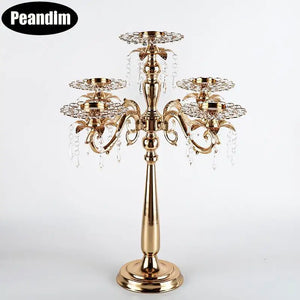 PEANDIM Gold Candelabra 5 arms Candle Holders Luxury Table Candlestick With Crystal Pendants Wedding Engagement Party Decoration