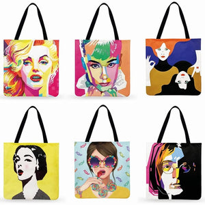 American Pop Art Print Tote Bag For Women Monroe And Hepburn Casual Foldable Shopping Bag Linen Fabric Bag Outdoor Beach Bag