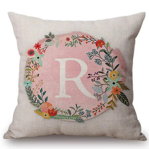 Pink Flower Wreath Alphabet ABC Floral Cotton Linen Sofa Throw Pillow Case Nordic Scandinavian Home Decorative Cushion Cover