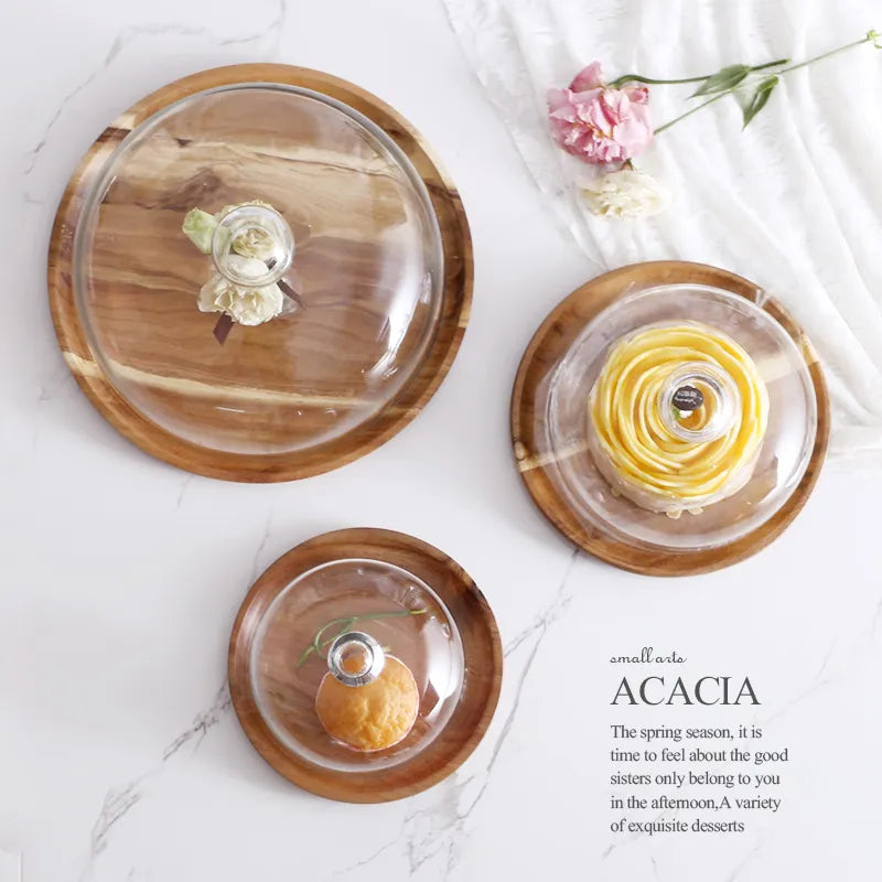 Acacia Wooden Plate for Cake Fruit Dessert Serving Trays Creative Wedding Birthday Party Afternoon Tea Tray with Cover S M L