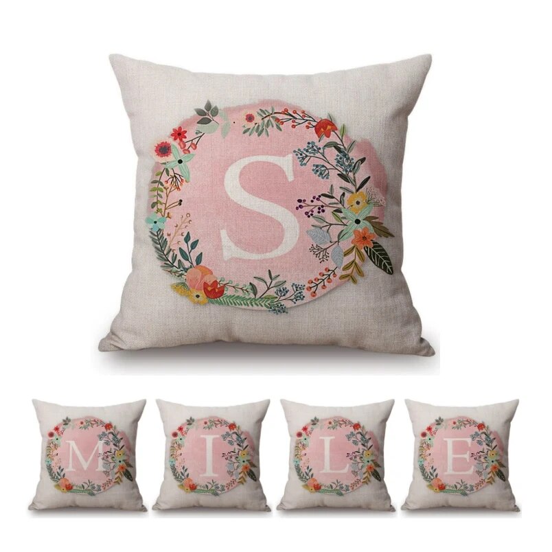 Pink Flower Wreath Alphabet ABC Floral Cotton Linen Sofa Throw Pillow Case Nordic Scandinavian Home Decorative Cushion Cover