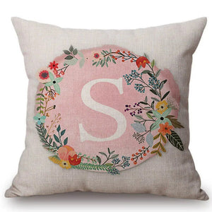 Pink Flower Wreath Alphabet ABC Floral Cotton Linen Sofa Throw Pillow Case Nordic Scandinavian Home Decorative Cushion Cover