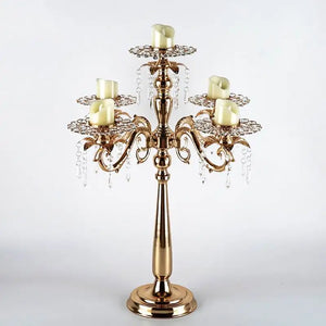 PEANDIM Gold Candelabra 5 arms Candle Holders Luxury Table Candlestick With Crystal Pendants Wedding Engagement Party Decoration