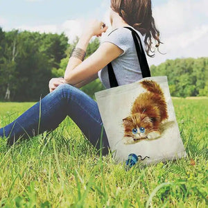 Foldable Shopping Bag Cute Kitten Painting Print Tote Bag Color Cat Casual Tote Ladies Shoulder Bag Outdoor Beach Tote Bag