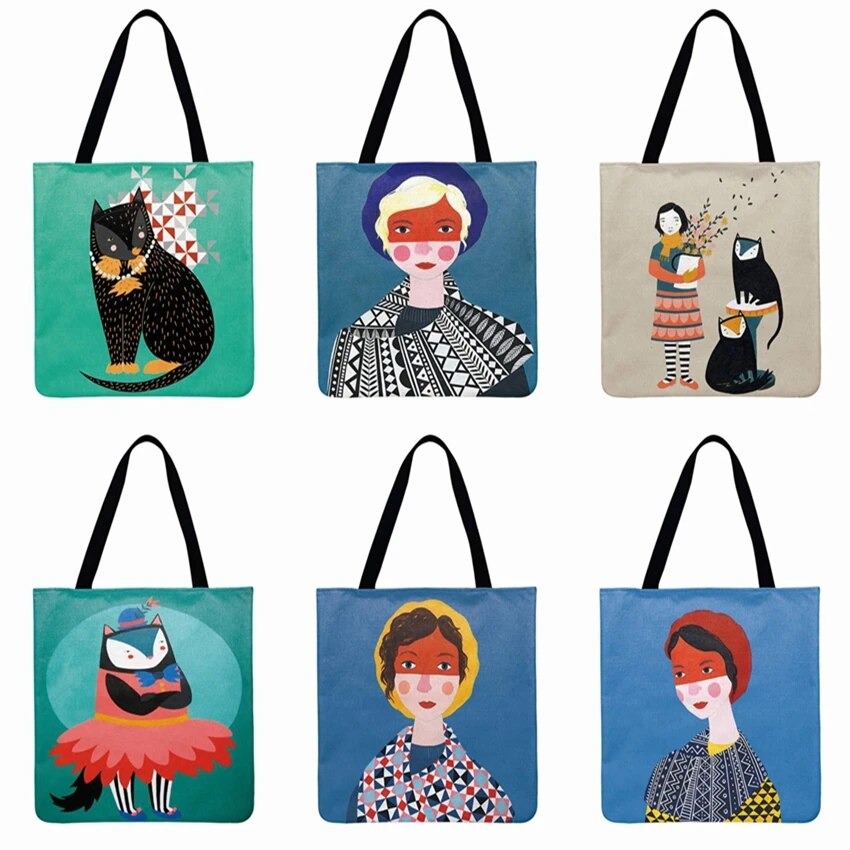 Girls And Cat Cartoon Illustrations Printed Tote Bag Linen Febric Casual Tote Foldable Shopping Bag Reusable Beach Bag Hand Bag