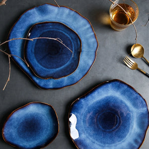 Deep Blue Ceramic Plates Irregular Flat Plate Pottery Dish Household Decoration Tableware Dinnerware Tray Hotel Kitchen Supplies