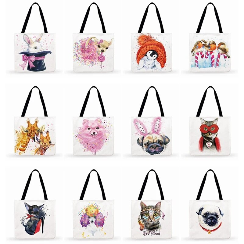 Reusable Shopping Bag Cute Watercolor Animal Painting Print Tote Bag Women Casual Tote Outdoor Beach Tote Ladies Shoulder Bag