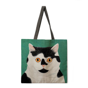 Reusable shopping bag I love cat print tote bag ladies shoulder bag linen fabric bag outdoor beach bag everyday handbag